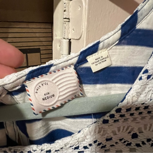 Anthropologie Postmark Blue and White Striped Top Crochet Overlay NWT Swing Tank - Picture 8 of 9